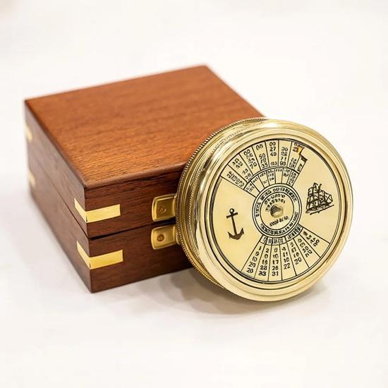 

100-Year Brass Calendar Compass Engraved with Wood Box Gift for Him 5.58 cm