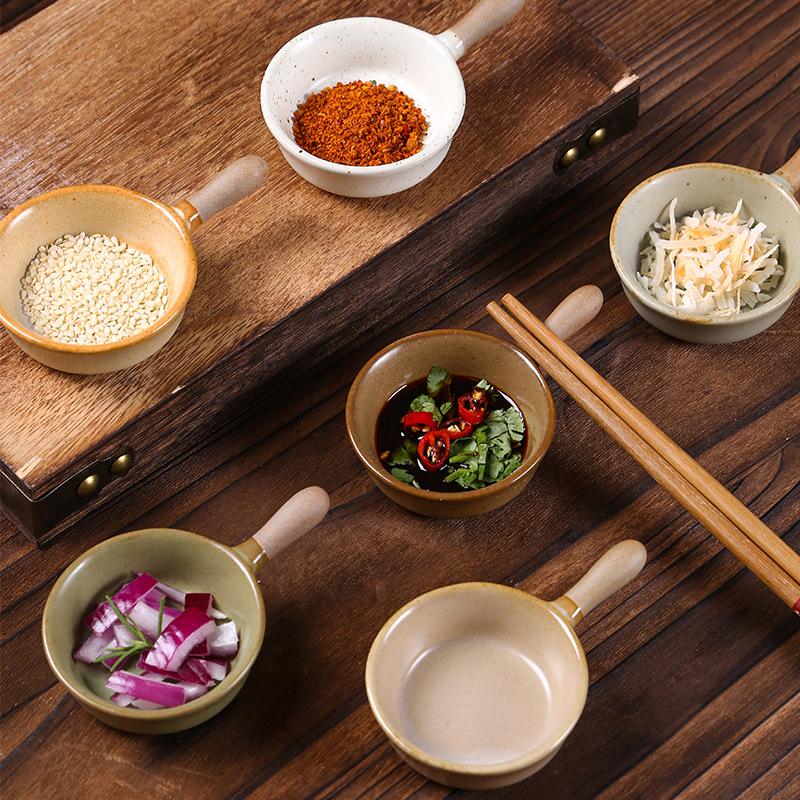 Kitchen Tableware Ceramic Seasoning Plate with Handle Mini Pattern Tableware Soy Sauce Vinegar Jam Snack Dish