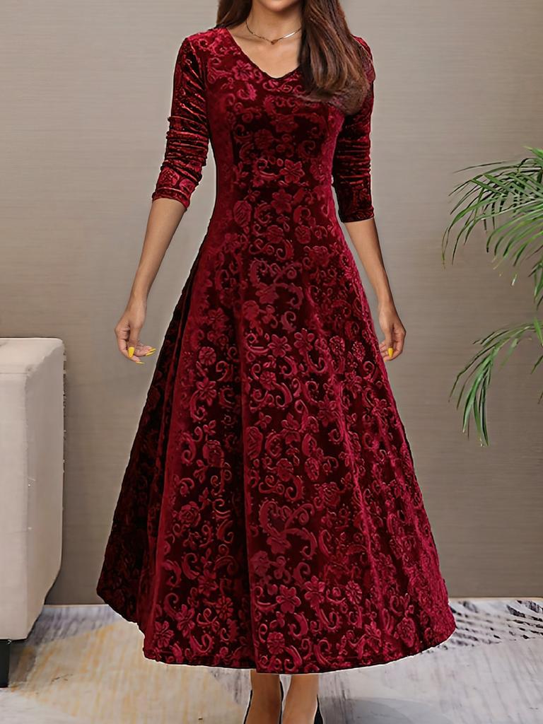 Spring Autumn New Style Elegant High-End Evening Gown Velvet Midi Dress for Women