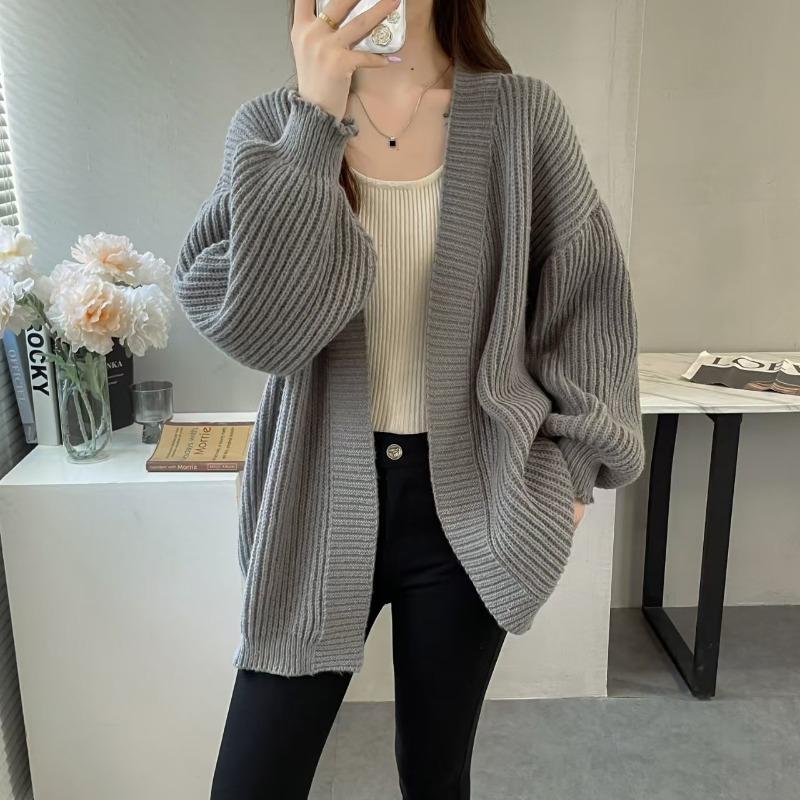 Chic Loose Casual Mid Length Knitted Cardigan Sweater Women Autumn and Winter V Neck Warm Women Sweaters Jacket Elegant Vintage Solid Cardigans 25250