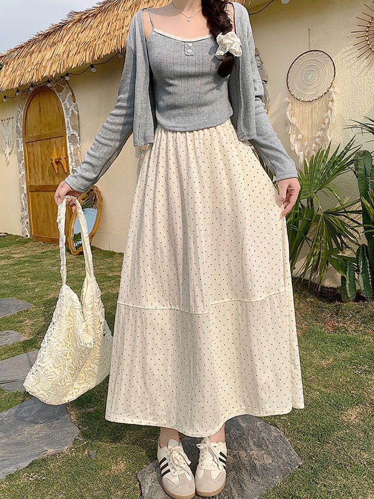 French Polka Dot A-word Skirt Children's Summer Loose and Thin Drape Large Size Fairy Princess Cake Medium Dress