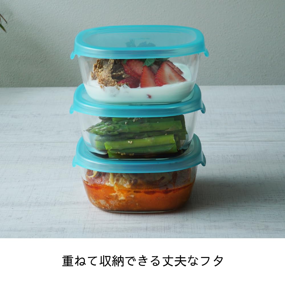 HARIO Recipient de depozitare din sticlă rezistentă la căldură, pătrat 600 ml, set de 3, rezistent la cuptorul cu microunde, albastru turcoaz transparent, KST-3008-TAQB