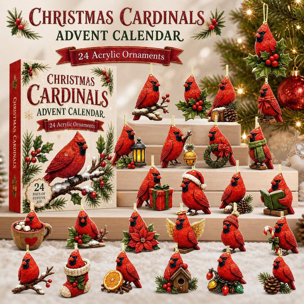 2026 Christmas Countdown Calenda, 24 Vintage-Style Cardinal Acrylic Christmas Ornament,Holiday Gift for Christmas