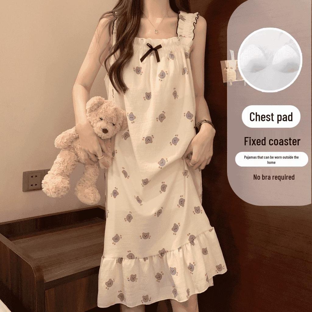2026 Summer Women's Cartoon Padded Strappy Loose Nightgown Dress Pajamas - Sweet Outdoor Style