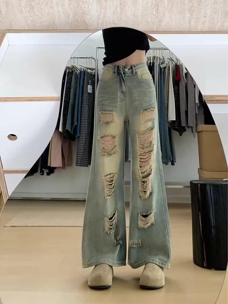 

Women s Distressed Ripped Wide-Leg Pants - Retro American Style, Versatile Summer Floor-Length Jeans 2XL синий