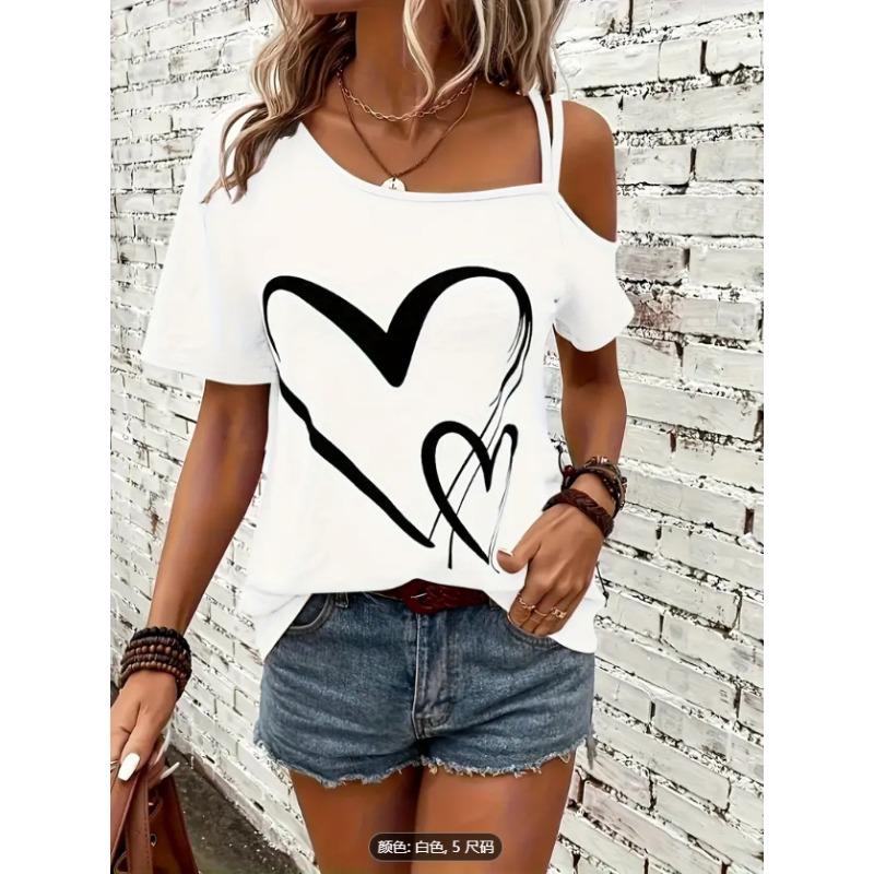 Large Casual Asymmetrical Collar with Heart-shaped Printed Suspender and Elastic Short Sleeves Women's T-shirts
