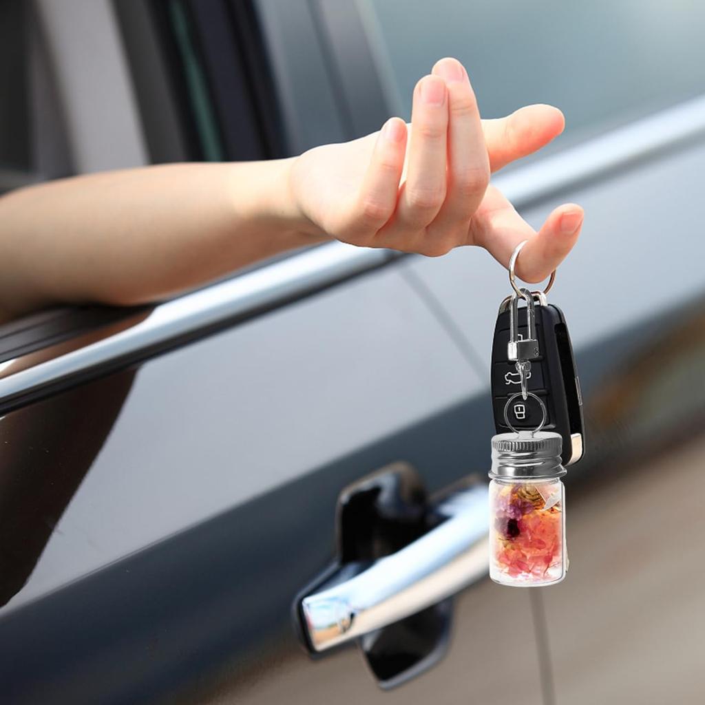 INOOMP 5-Piece Mini Glass Bottle Keychain, Clear Small Bottles, Airtight, Small Item Storage Containers, 7ml