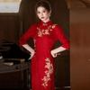 Elegant Red Long Sleeve Modified Cheongsam Dress Women Wedding Guest Outfit Vintage Chinese Style Formal Gown