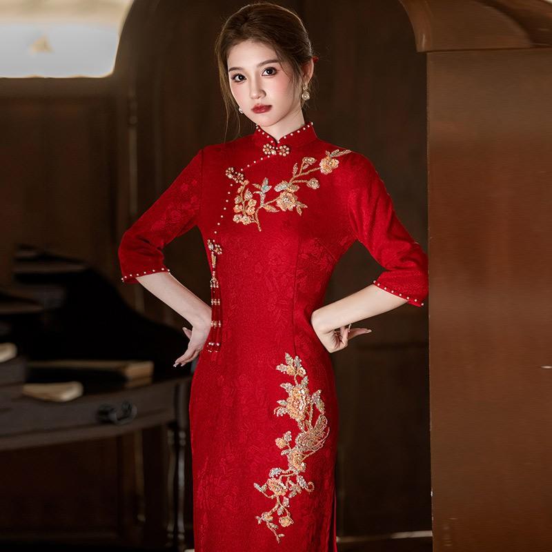 Elegant Red Long Sleeve Modified Cheongsam Dress Women Wedding Guest Outfit Vintage Chinese Style Formal Gown