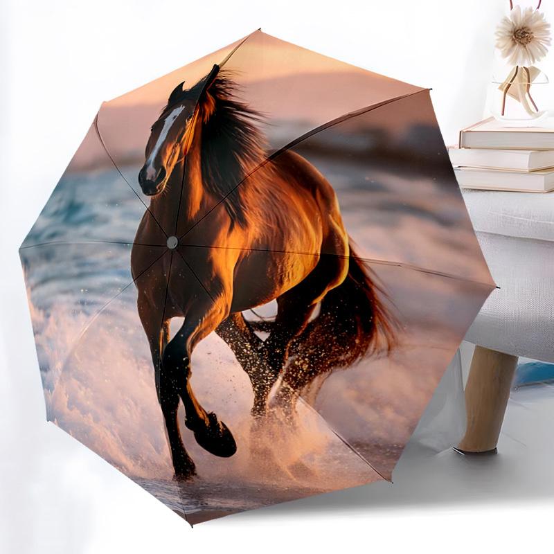 1pc Horse Ocean Automatic Open/Close Umbrella 8-Rib Strong Frame, Portable Travel Umbrella for Women & Men, Birthday Gift Parties 053