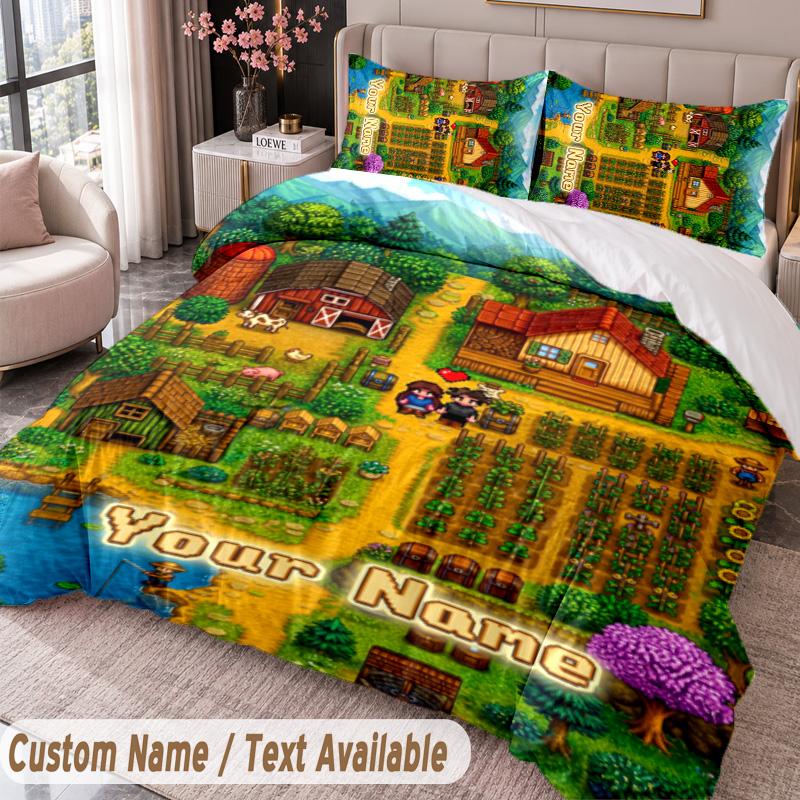 Custom Name Text 3Pcs Bedding Set Stardew Valley Duvet Cover And Two Pillowcases