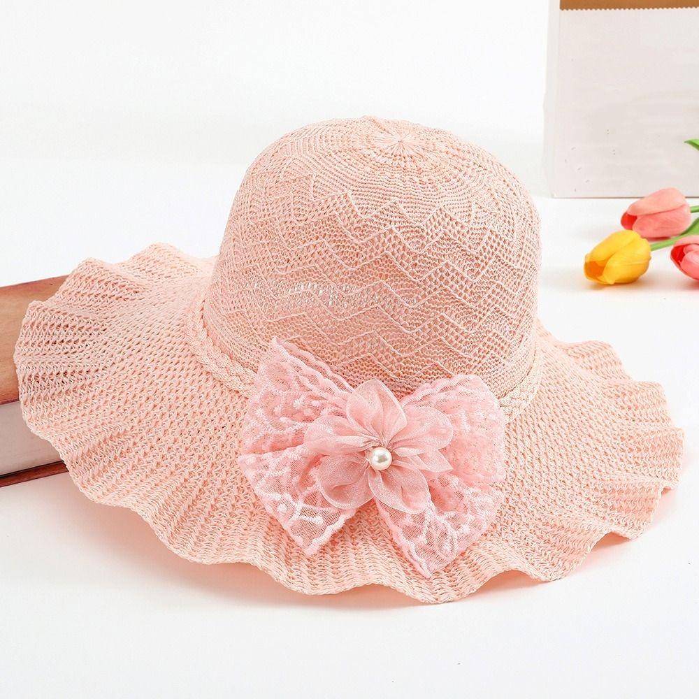 Breathable Wide Brim Straw Hat Adjustable Beach Sun Hat Sweet Ruffle Sun Hat  For Women Girls