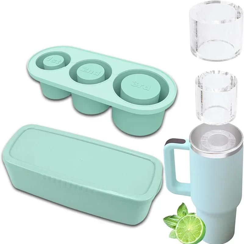 3 Grid Ice Mold for Stan Ley Cup Silicone Cylinder Ice Mold with Lid and Bin for Freezer Ice Drink Juice Whiskey Cocktail