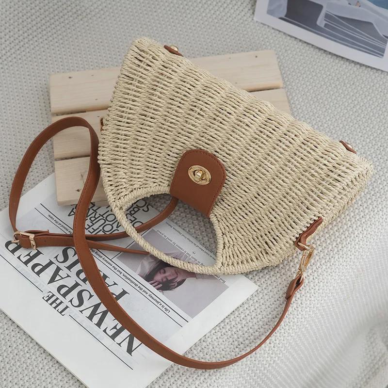 Seaside Holiday Retro Woven Beach Bag - Women's Handheld Shoulder Crossbody