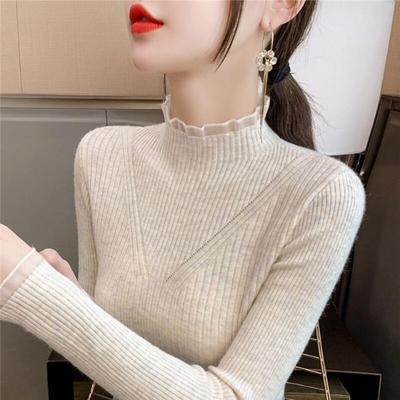 Pullover Female Autumn and Winter Semi High Neck Sweater Bottoming Shirt Women Interior Foreign Lace Splicing Knitwear