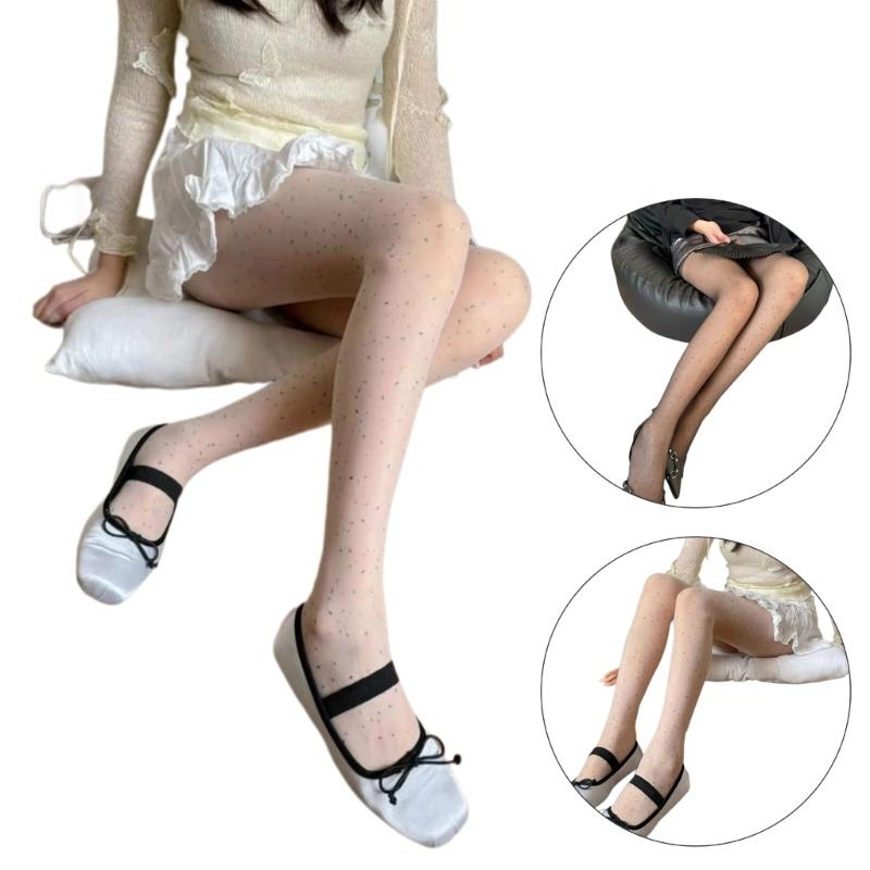 Vintage Patterned Translucent Pantyhose Stockings for Women Colorful Dot Sequins Print Ultrathin Silk Tights Leggings