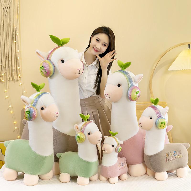 Headphones Alpaca Wear Plush Toy Soft Short Plush Stuffed Animal Home Decoration