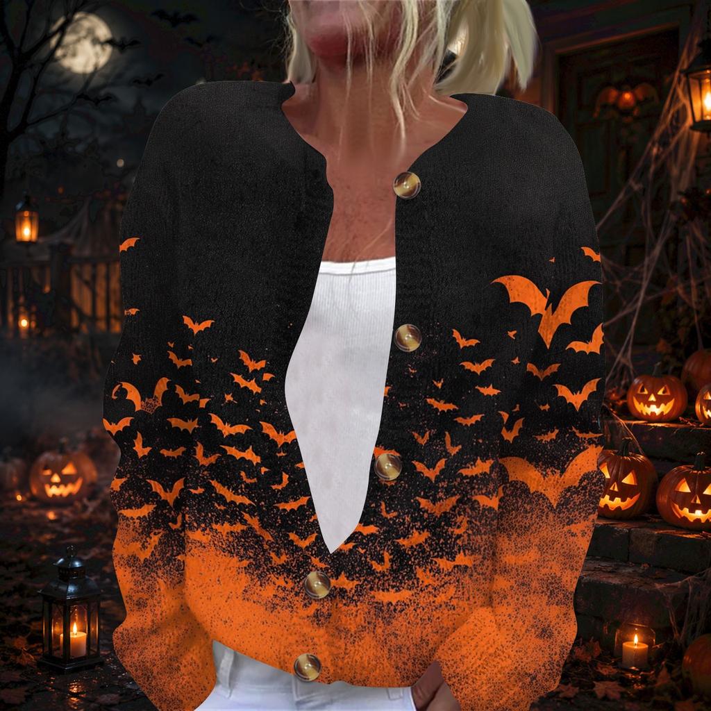 Damen Halloween Print Langarm Strickjacke Knopfleiste Mantel