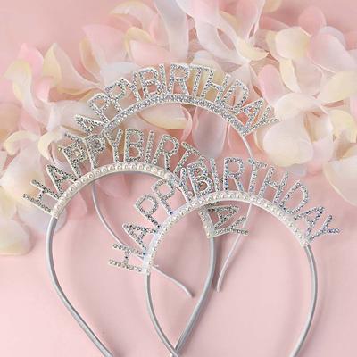 Gift Queen Zinc Zinc Alloy Happy Birthday Headband Rhinestone Crown Birthday Hair Hoop Female Jewelry
