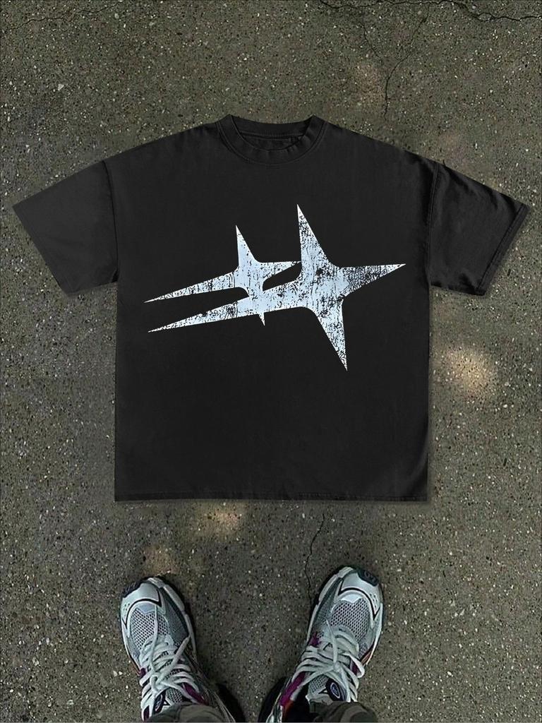 Abstract Star Print Tshirt Unisex Soft Cotton Loose Y2k Trend Minimal Streetwear Casual Daily Tee