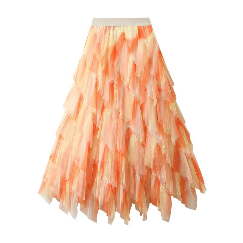 

Qooth Colorful Pleated Irregular Mesh Half Skirt Mid-Length Rainbow Gauze Skirt Women Slim Skirt QT2614 One Size оранжевый