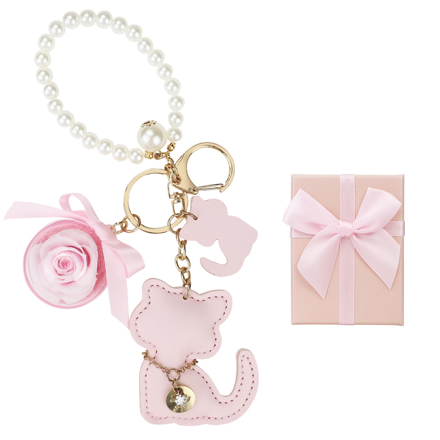 

SENJWARM Preserved Flower Lovely Upgraded Cat Cute Lucky Gift for Female White Popular Gift for 60th Entrance Respect for the Aged Day Keychain,
