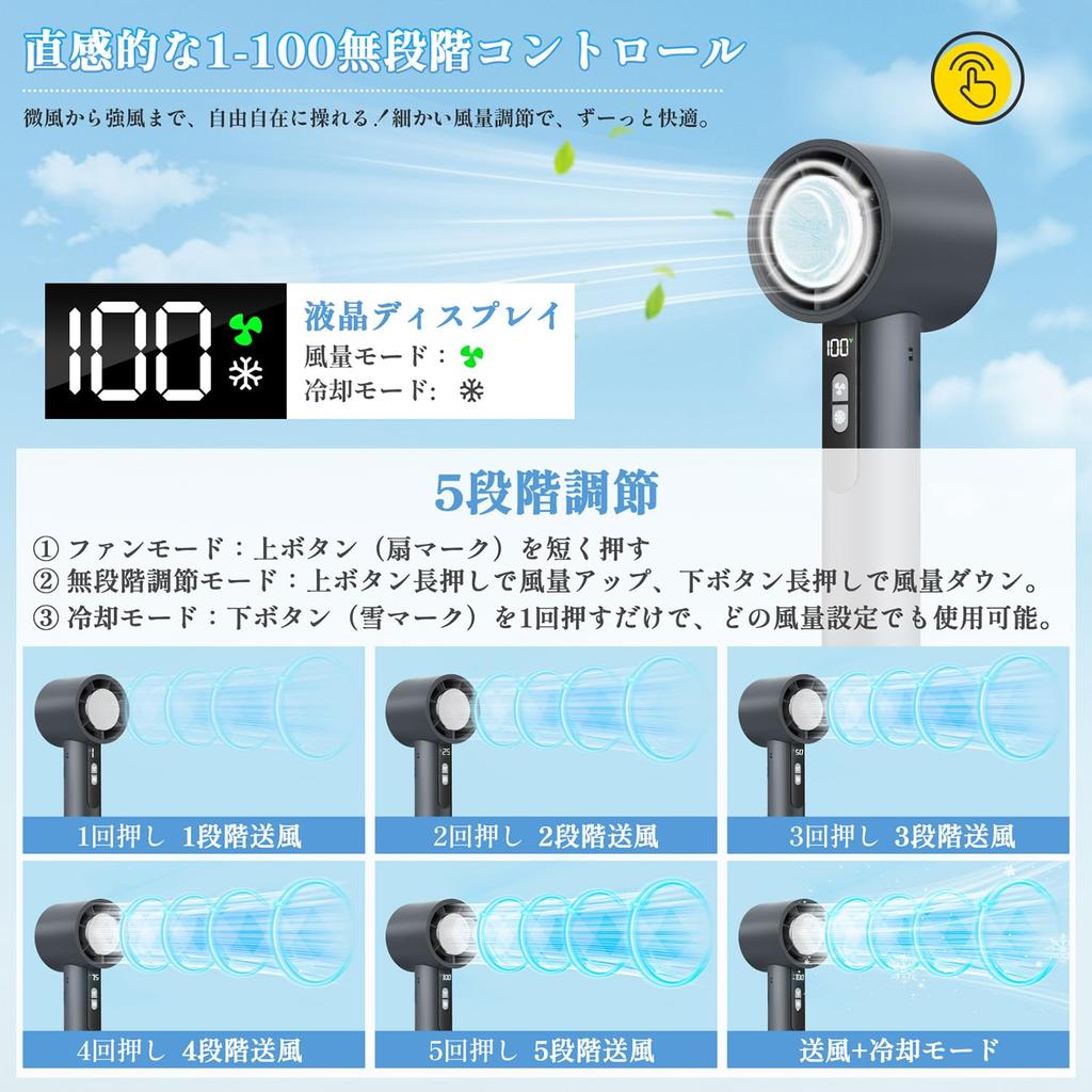 Handheld Portable Fan with Instant Cooling Powerful RPM 3000mAh Large 9 Hours of Continuous 100 Speed Quiet Adjustable LED Battery Level Fast