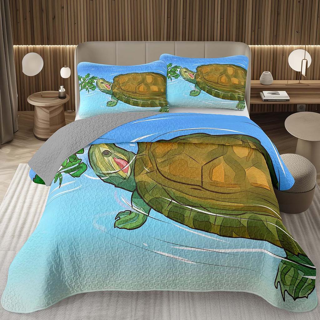 Sea Turtle Bedspread Queen Twin Underwater World Ocean Animal Coverlet Reptile Tortoise Print Quilted Bedding Set for Kids Adult