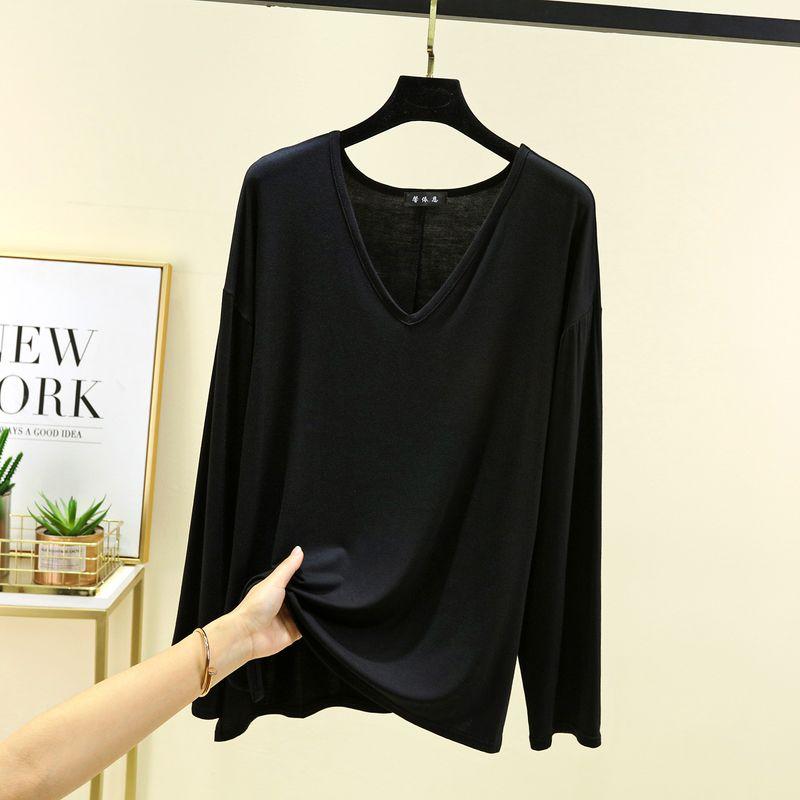 

Modal V-neck Long sleeve Sun Protection Shirt Women Summer Thin Loose Casual T-shirt Solid Inner wear Bottoming Shirt Top Black L (Recommendation 55.00 kg-65.00 kg