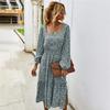 Women Autumn Winter Vintage Dress Long Square Collar Floral Print High Waist Full Sleeve Black Green Purple S-XL