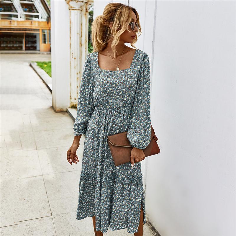 Women Autumn Winter Vintage Dress Long Square Collar Floral Print High Waist Full Sleeve Black Green Purple S-XL