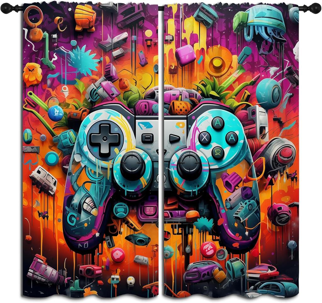 Gamepad Blackout Curta For Boys Girl Bedroom Decor,Game Gamer Colorful Tie Dye Controller Thermal Insulated Rod Pocket Drapes