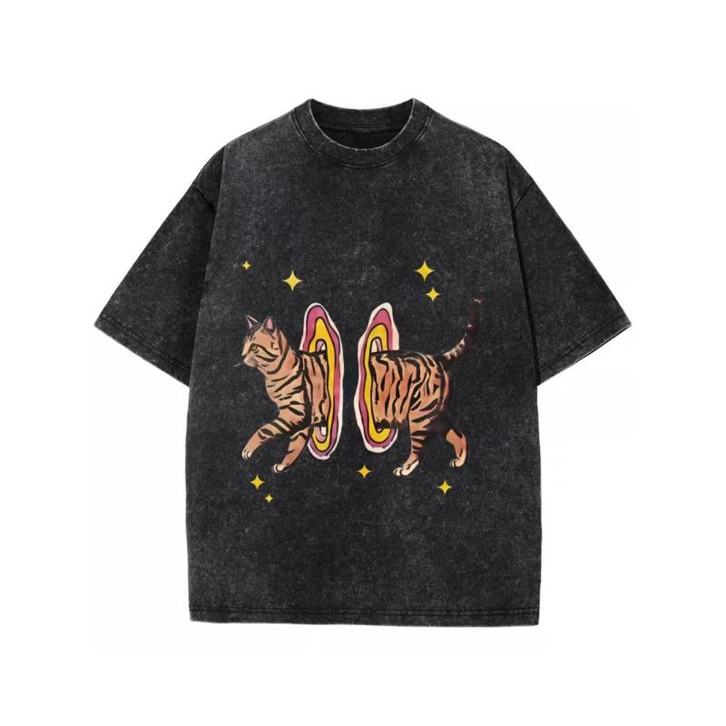 

Vintage Washed Cat Through Wormhole Graphic TShirt Retro Funny Cat Space Portal Print Short Sleeve Loose Fit Crew Neck Top S