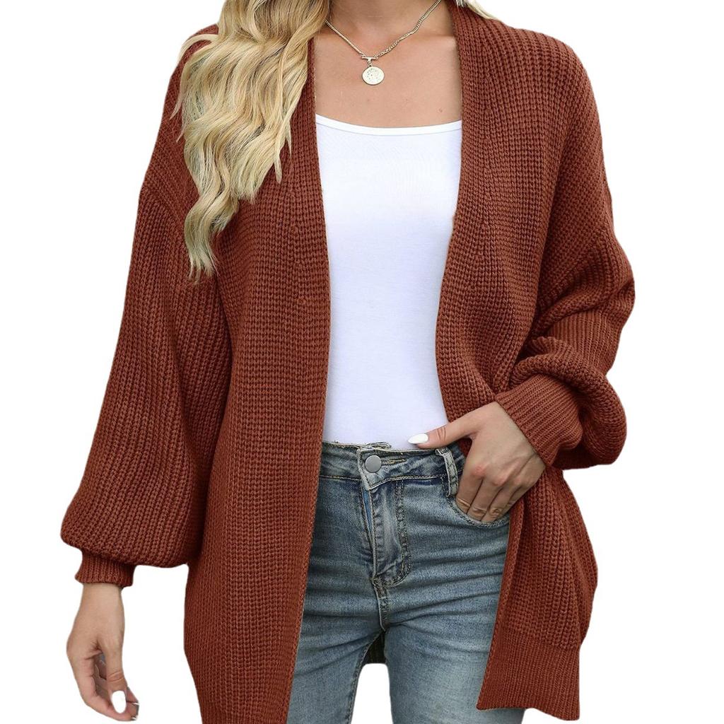 2024 Autumn/Winter New Amazon Foreign Trade Women's European & American Lantern Sleeve Cardigan Pocket Chunky Knitted Cross-border Sweater
