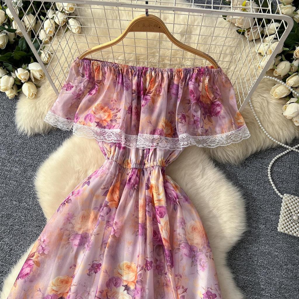 Wysokiej jakości kwiatowa sukienka plażowa maxi dla kobiet z dekoltem w serek elastyczna wakacyjna szyfonowa sukienka w kształcie litery A koronkowa długa sukienka letnia