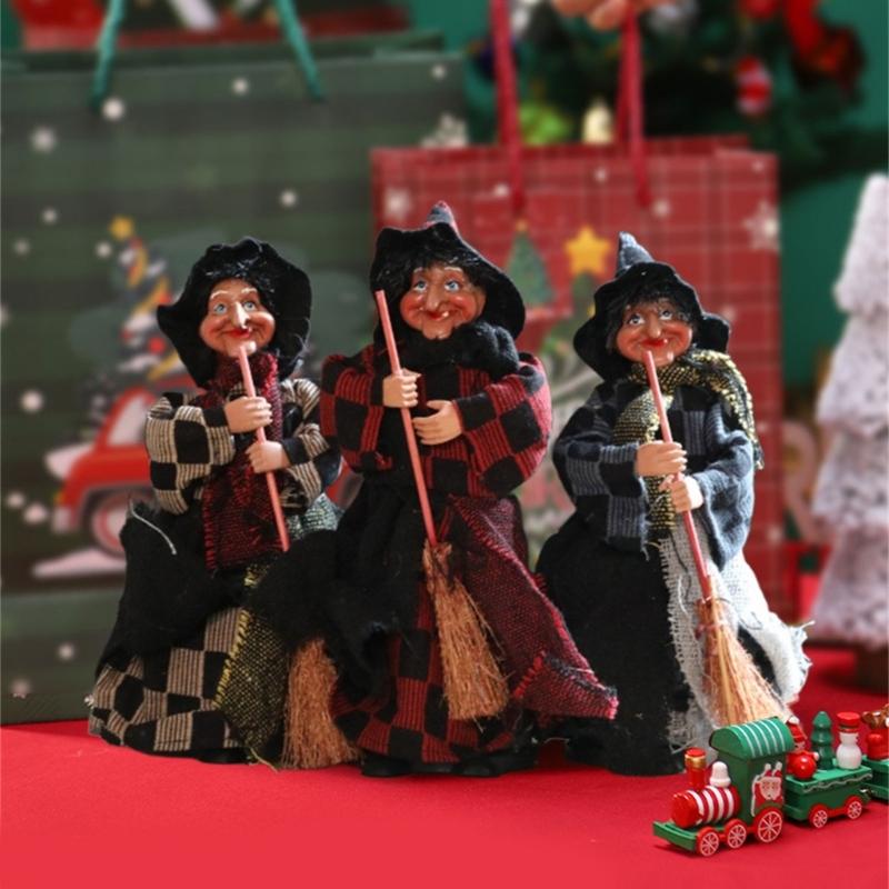 3Pcs Festival Witch Ornament Handmade Cloth Broom Wizard Figurine Decoration For Shop Window Display Indoor and Outdoor