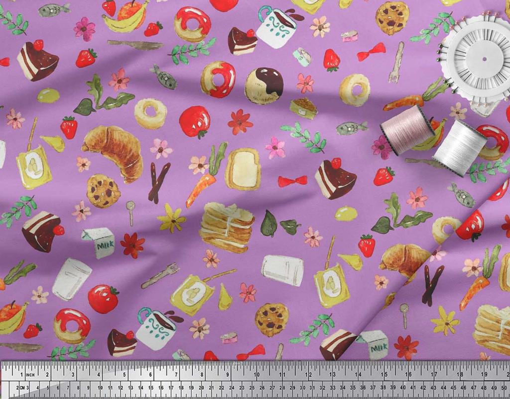 Soimoi Japan Crepe Satin Fabric Fruits,Bread & Donut Food Decor Fabric Printed metre 42 Inch