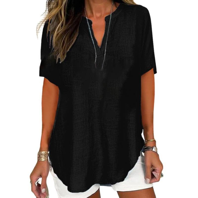 JPNTKY Women's Fashion Casual Solid Color Print V-Neck Short Sleeve Blouses & Shirts