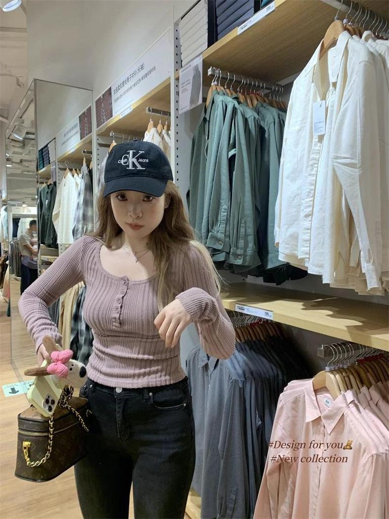 Women's Korean Style Slim-Fit Ribbed T-Shirt: Spicy Girl Half-Open Collar, Long-Sleeved, Autumn/Winter