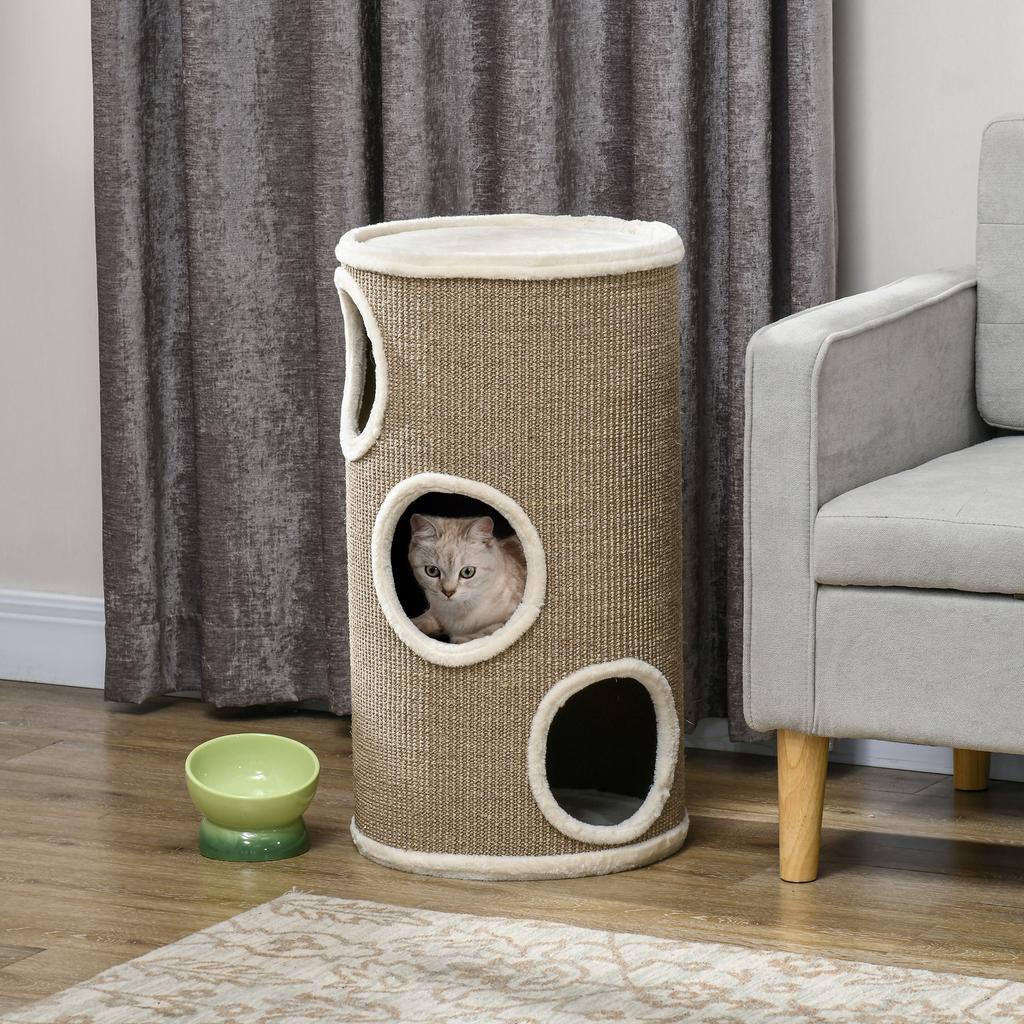 3-Tier Cat House with Sisal and Plush Scratching Post, Ø38x70cm, Brown