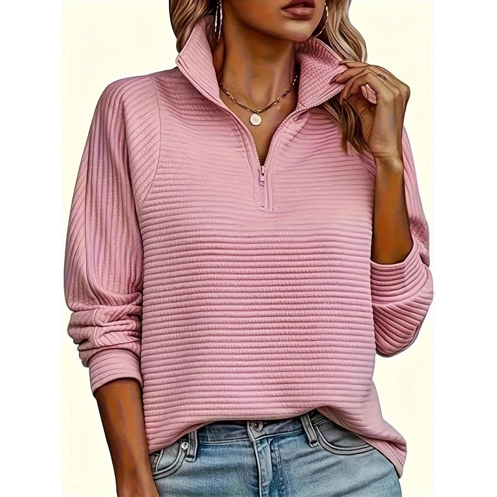 Women's Casual Knitted Zipper Sweater, Long-sleeved V-neck Loose Pullover, Pure Color, Suitable for Wearing In Spring and Autumn, Regular Hem