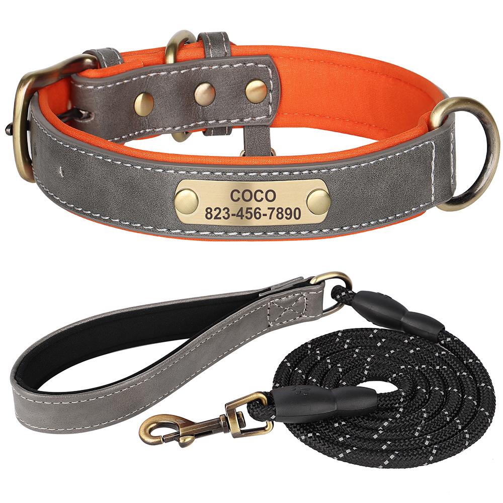 Conjunto Coleira e Guia Personalizado para Cães Coleiras com Etiqueta de Couro PU Personalizada Placa de Identificação com Nome Gravado Gratuitamente Para Cães Pequenos Médios Grandes Pitbull