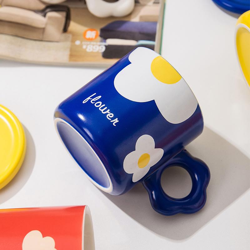 Summer Flower Ceramic Cup Cute Mug with Lid Couple Water Cup Women's Cup Design Sense Ins Style Coffee Cup