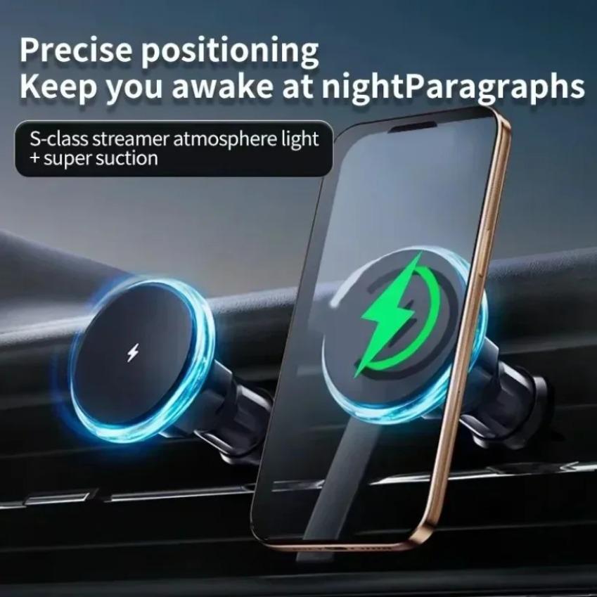 Magnetic Car Phone Holder Rotatable Wireless Charger Type C LED Light for iPhone 16 15 14 13 12 Pro Max Fast Charging Station