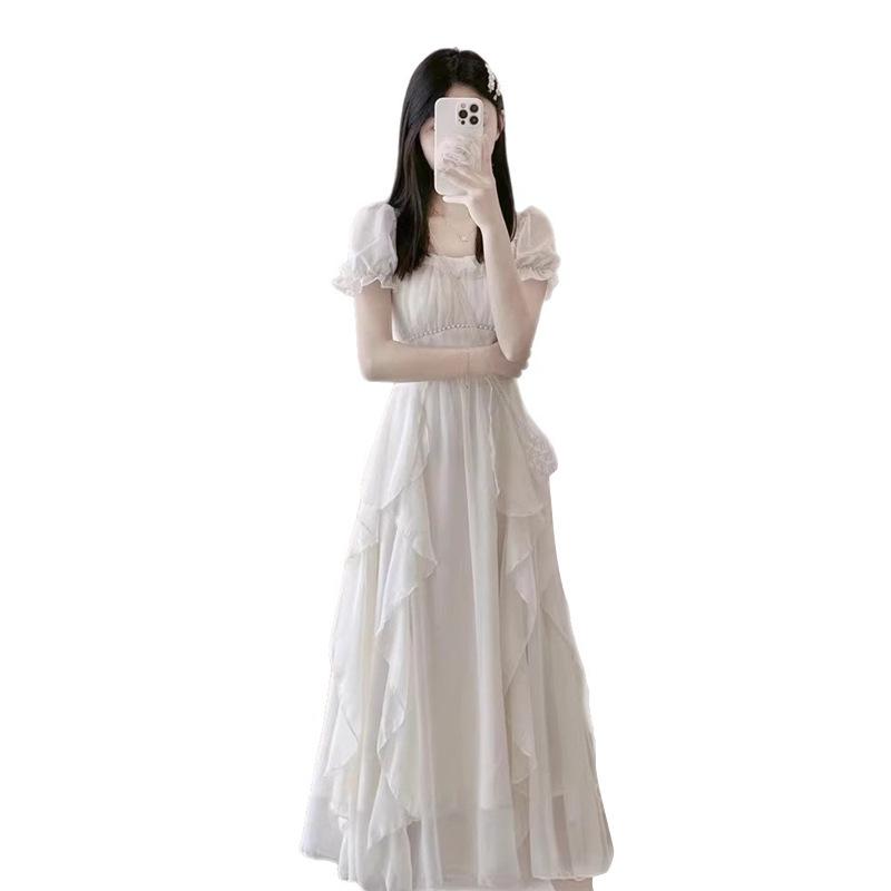 Französisches sanfter Wind weißes Chiffonkleid Fee Frühling Herbst und Winter Temperament dünn unregelmäßig Geburtstagskleid Kleid