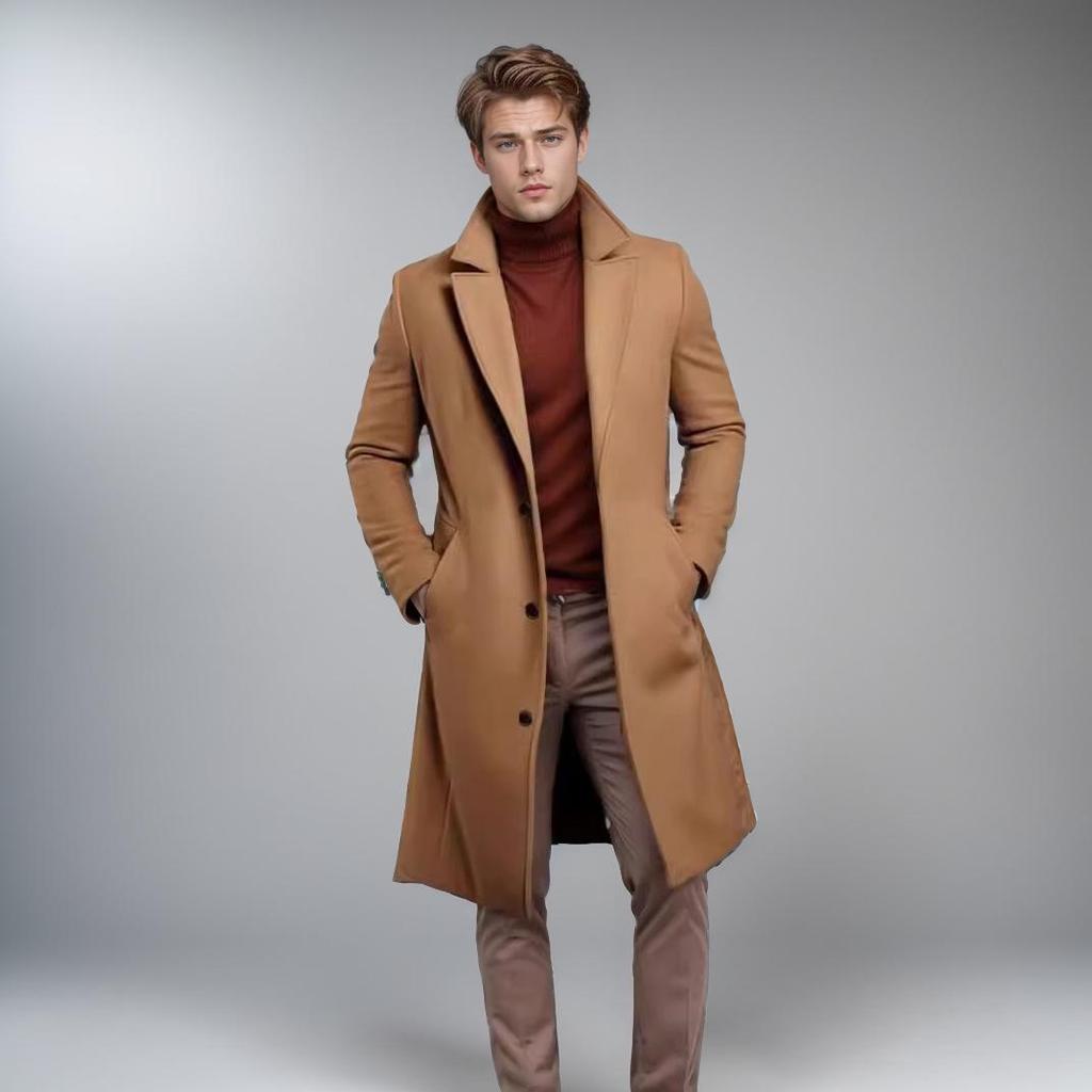 Mittellanger Wollmantel für Herren 2024: Europäischer & Amerikanischer Stil, Schmal geschnittener Anzugkragen, Winter-Windbreaker