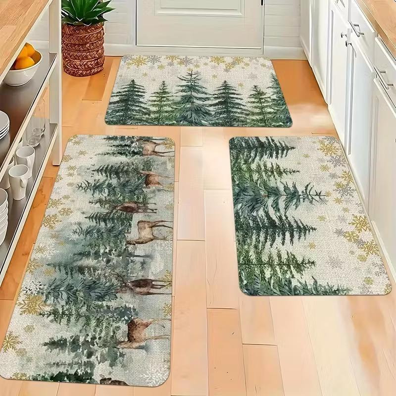Vintage Puffy Christmas Tree Pattern Mat Non-slip Oil-proof Waterproof Floor Mat Dirt-resistant  Floor Mat for Kitchen Bathroom