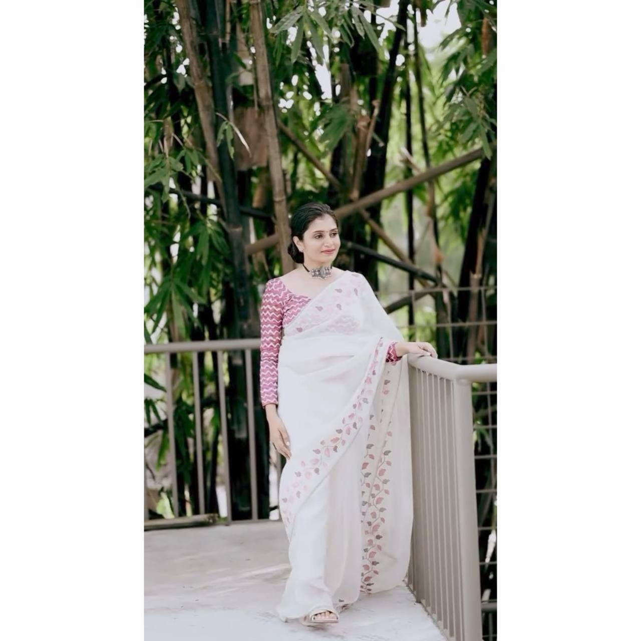 New Designer Soft Crush Georgette Saree - Leaf Embroidery Lace Border Edition