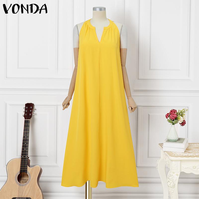 

VONDA Summer Women V Neck Sleeveless Solid Color Casual Party Long Swing Dress M жовтий