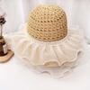 Breathable Straw Weaving Beach Hat Portable Big Brimmed Woven Cap Beige Lace Pearls Sun Cap  Travel